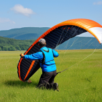 Pre-Flight Inspection**

"A paraglider pilot carefully inspecting their wing in a grassy field before flight, fully clothed in appropriate outdoor gear, checking lines and fabric for damage, safe for work, professional, perfect anatomy, natural proportions, well-formed hands, clear focus, bright daylight, appropriate content, modest attire, family-friendly activity."

**