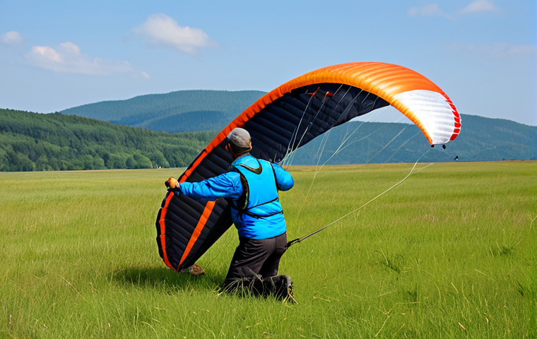 Pre-Flight Inspection**

"A paraglider pilot carefully inspecting their wing in a grassy field before flight, fully clothed in appropriate outdoor gear, checking lines and fabric for damage, safe for work, professional, perfect anatomy, natural proportions, well-formed hands, clear focus, bright daylight, appropriate content, modest attire, family-friendly activity."

**