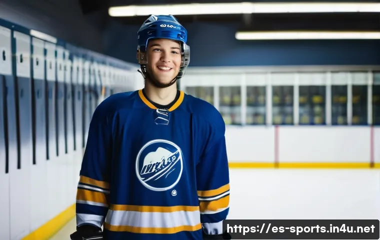 아이스하키 스틱 고르는 법 - A young adult male hockey player, with a determined yet joyful expression, stands in a brightly lit,...