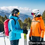 스키 장비 대여 팁 - A confident beginner skier in a snowy mountain resort in Spain, wearing a colorful ski jacket, helme...