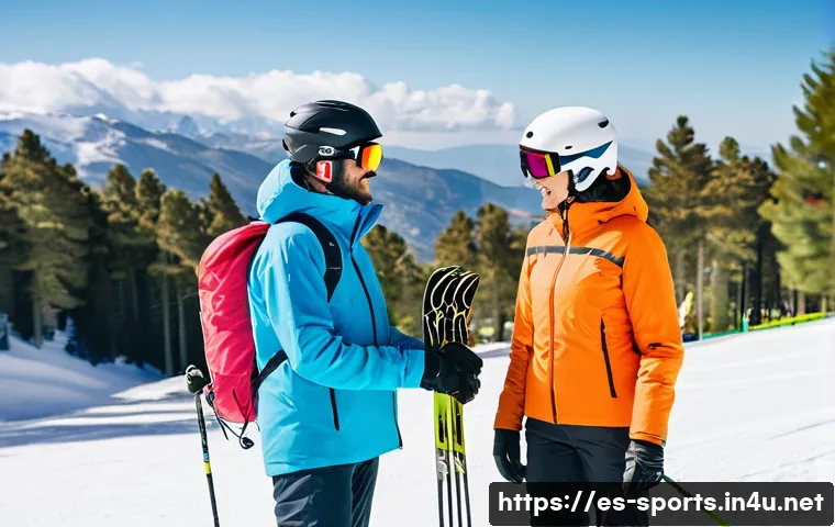 스키 장비 대여 팁 - A confident beginner skier in a snowy mountain resort in Spain, wearing a colorful ski jacket, helme...