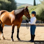 승마 초보 코칭 - A serene outdoor scene in the Spanish countryside featuring a beginner equestrian gently brushing a ...