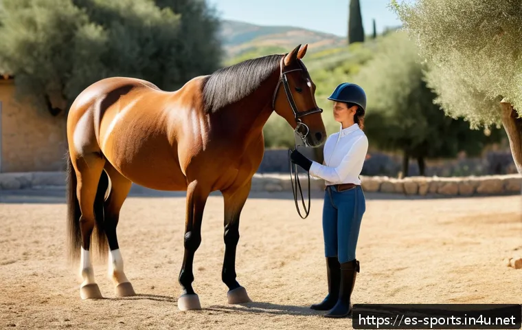 승마 초보 코칭 - A serene outdoor scene in the Spanish countryside featuring a beginner equestrian gently brushing a ...