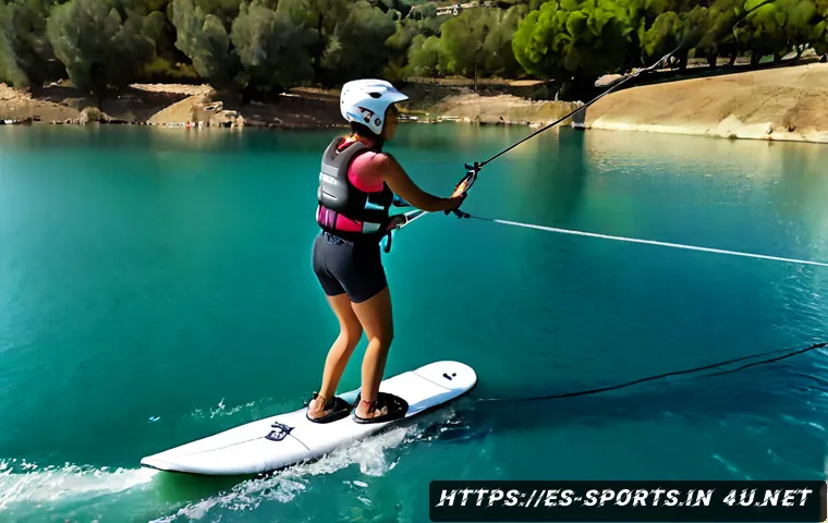 케이블 웨이크보드 입문 - Photorealistic beginner cable wakeboarding lesson at a sunny lakeside wake park in Spain, adult ride...